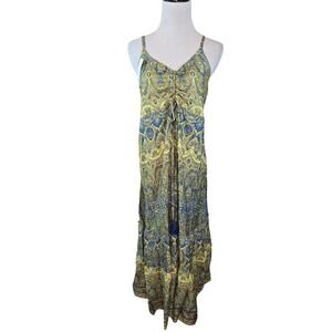 White Waves Silk Blend Paisley Maxi Dress Yellow Blue Boho Tiered Smocked NWT